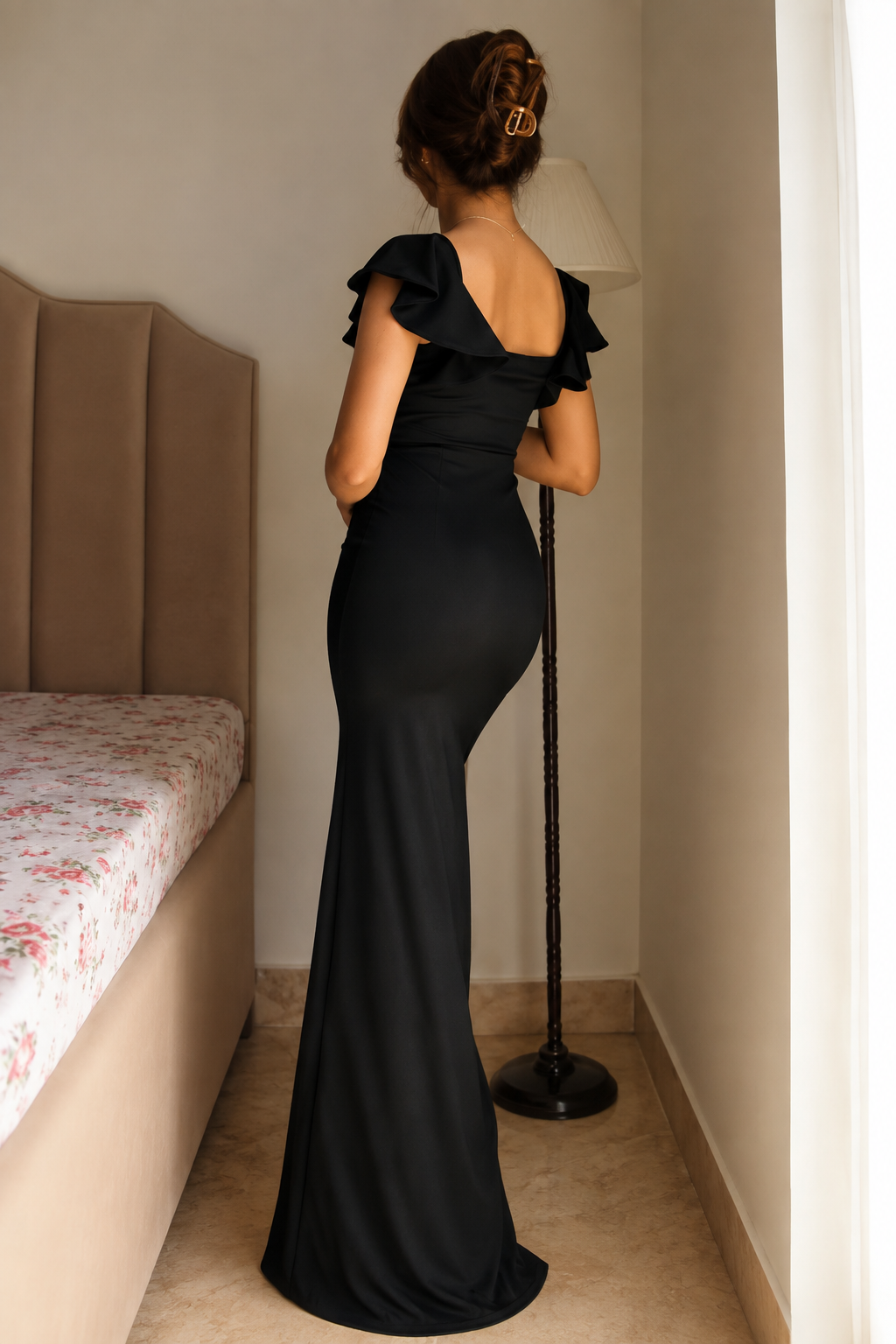 Dyana Core Womens Elegant Black Ruffle Sleeve Bodycon Maxi Dress with Front Slit